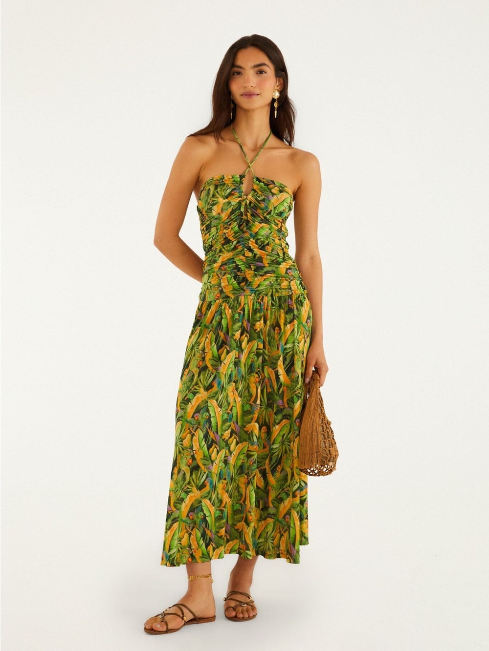 NWT Anthropologie Farm Rio Green Forest Parrots Ruched Bodice Maxi Dress Size Sm